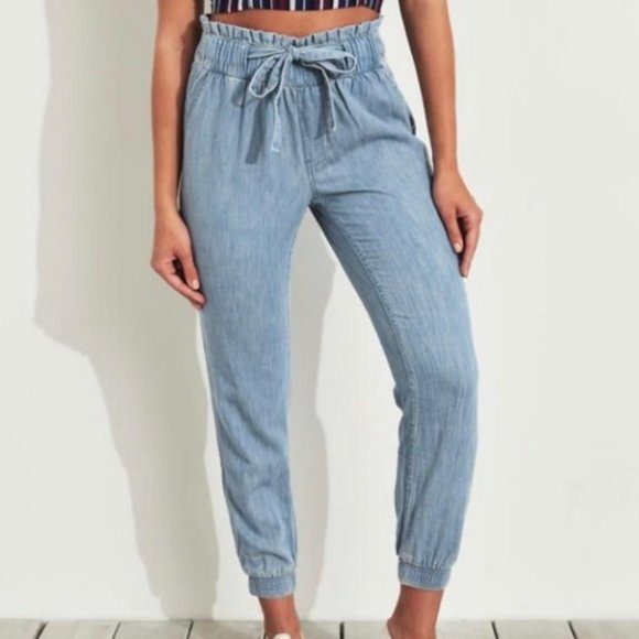 Hollister Chambray Paperbag Drawstring Waist Joggers Size S - Picture 1 of 8